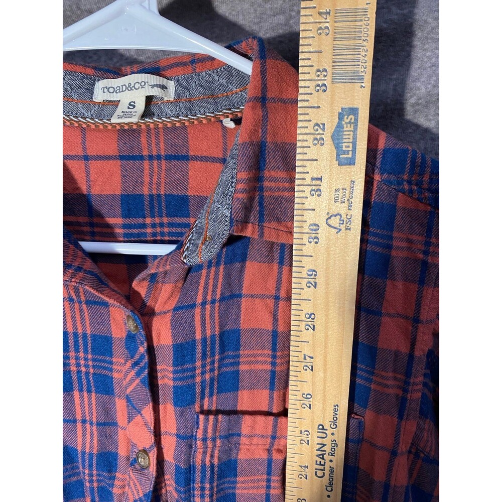 Toad&Co Women's S Flannel Plaid Button Down Dress Burnt Orange Blue Tunic - Picture 12 of 12